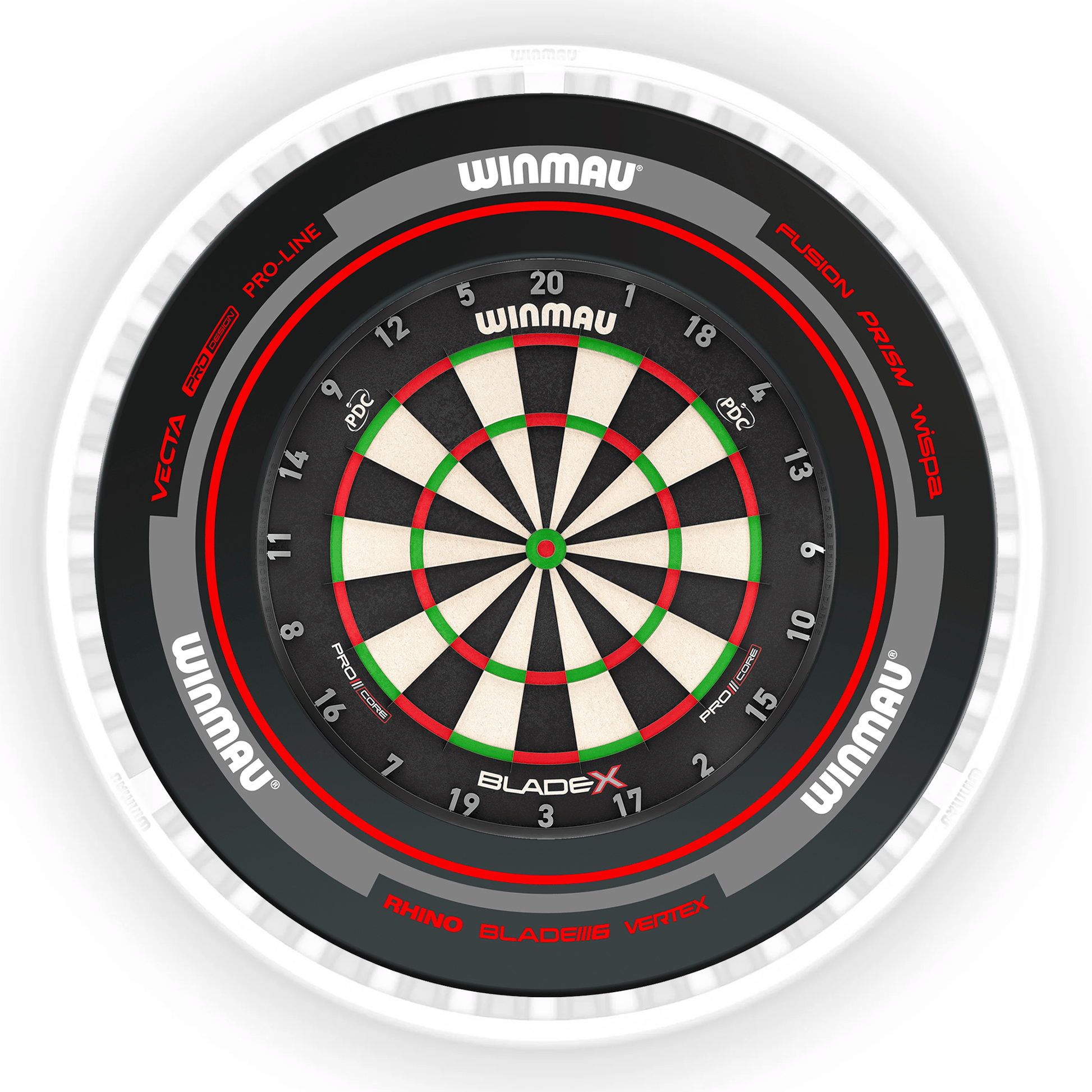 Winmau Blade X Dartboard, Surround & Ice White Plasma Light Bundle BladeX / Advance Black/Red / Winmau Plasma Ice White Boards