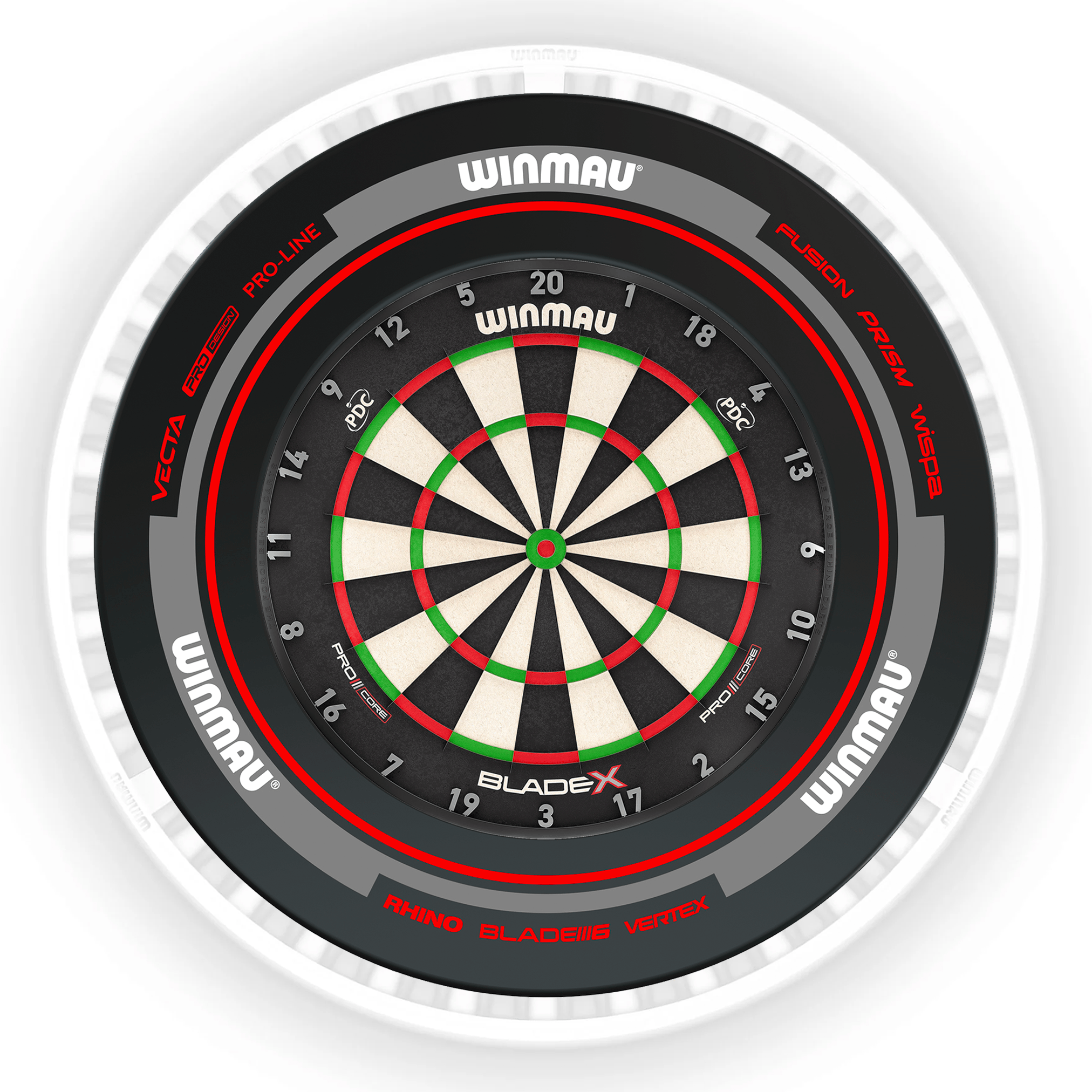 Winmau Blade X Dartboard, Surround & Ice White Plasma Light Bundle BladeX / Advance Black/Red / Winmau Plasma Ice White Boards