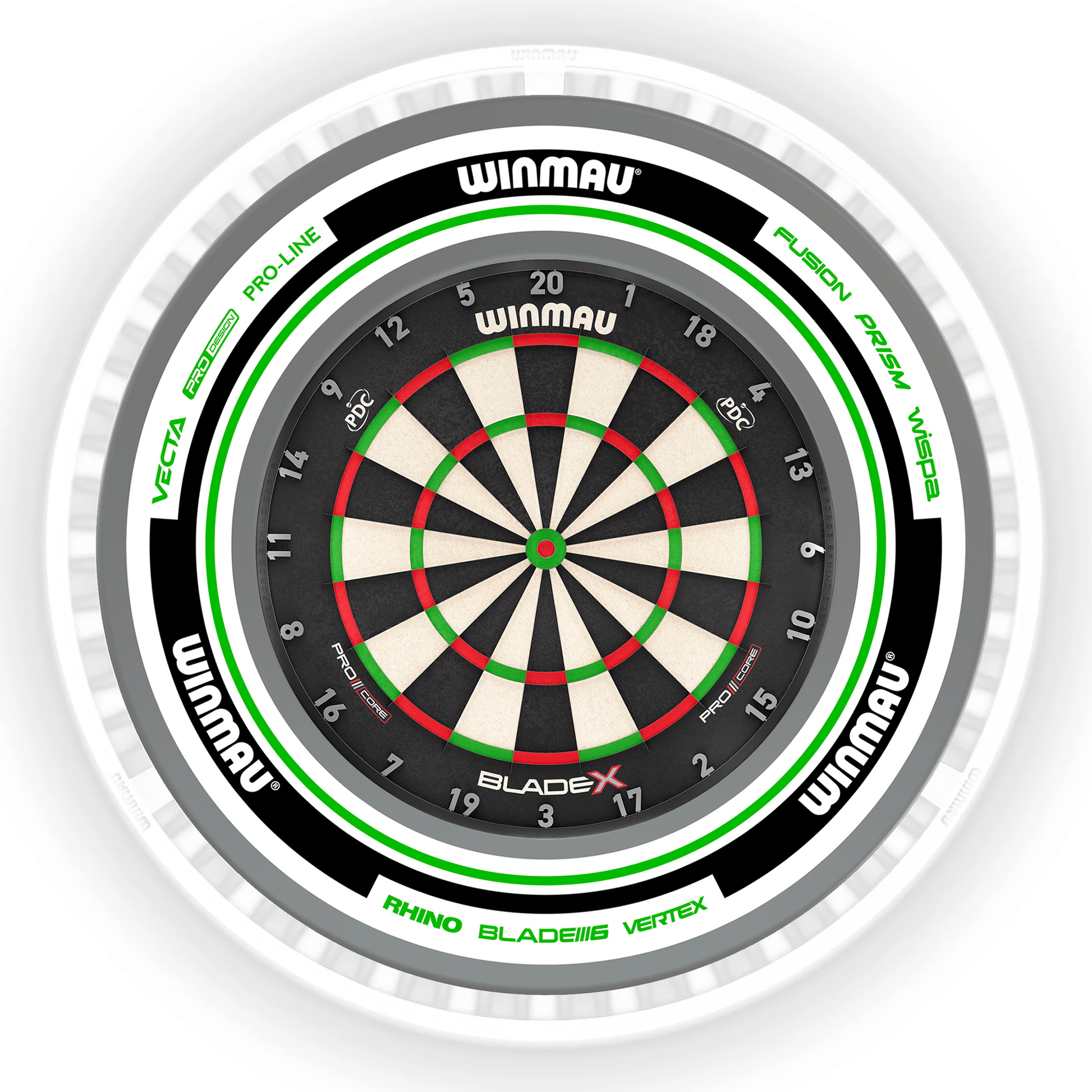 Winmau Blade X Dartboard, Surround & Ice White Plasma Light Bundle BladeX / Advance White/Green / Winmau Plasma Ice White Boards