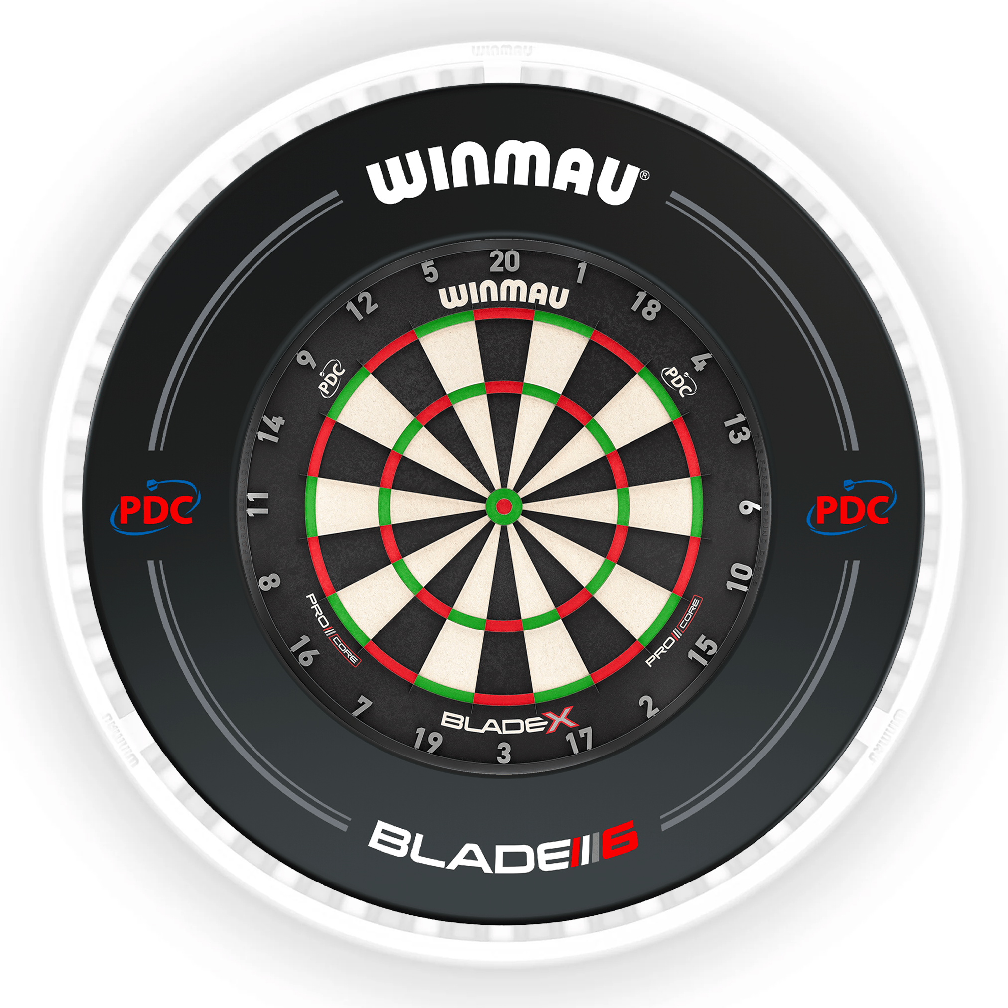 Winmau Blade X Dartboard, Surround & Ice White Plasma Light Bundle BladeX / PDC Black / Winmau Plasma Ice White Boards