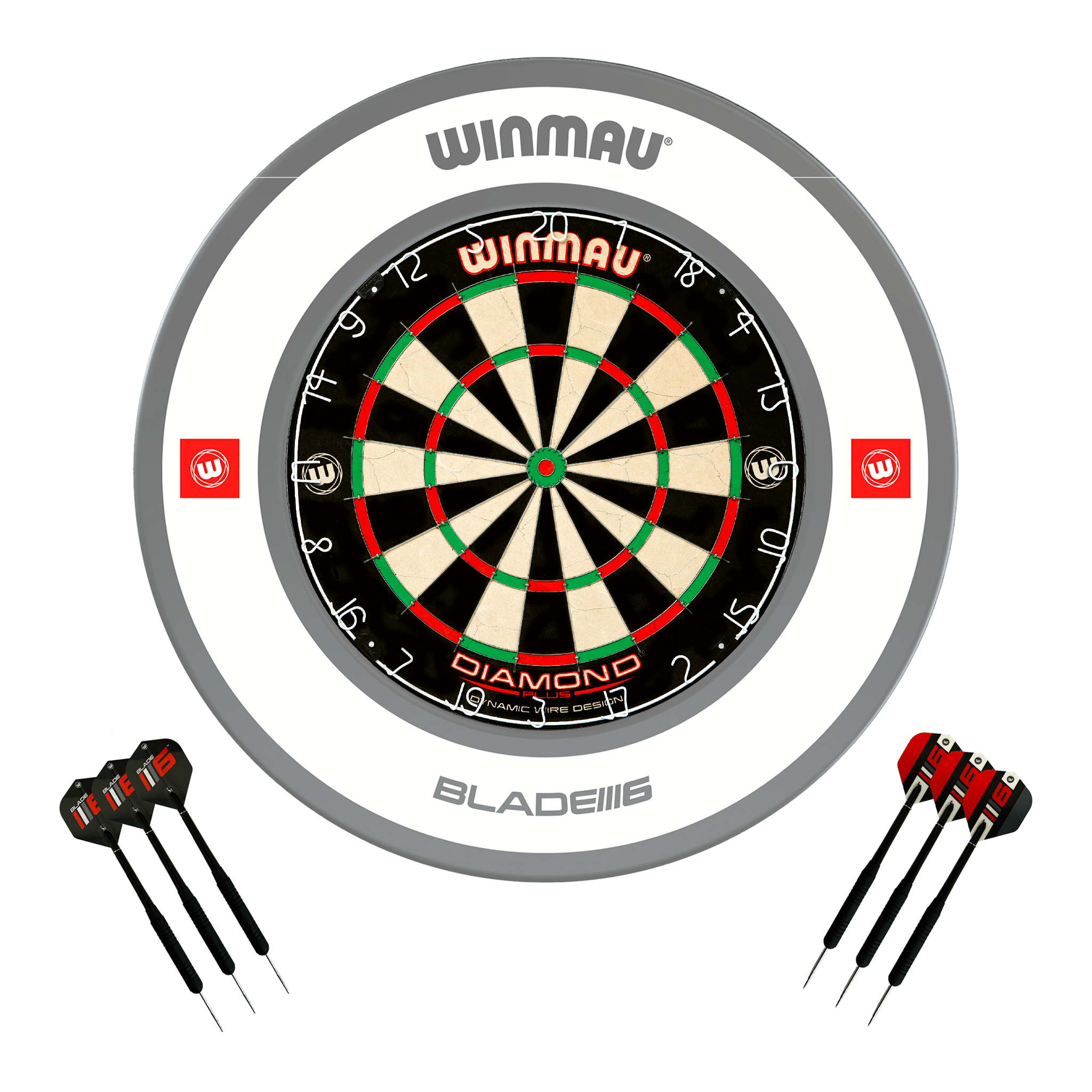 Winmau Diamond Plus Dartboard, Surround & Darts - Complete Darts Set Diamond Plus / Pro 1.0 White Boards